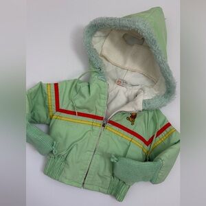 Vintage Pooh Green Hooded Jacket with Red and Yellow Stripes